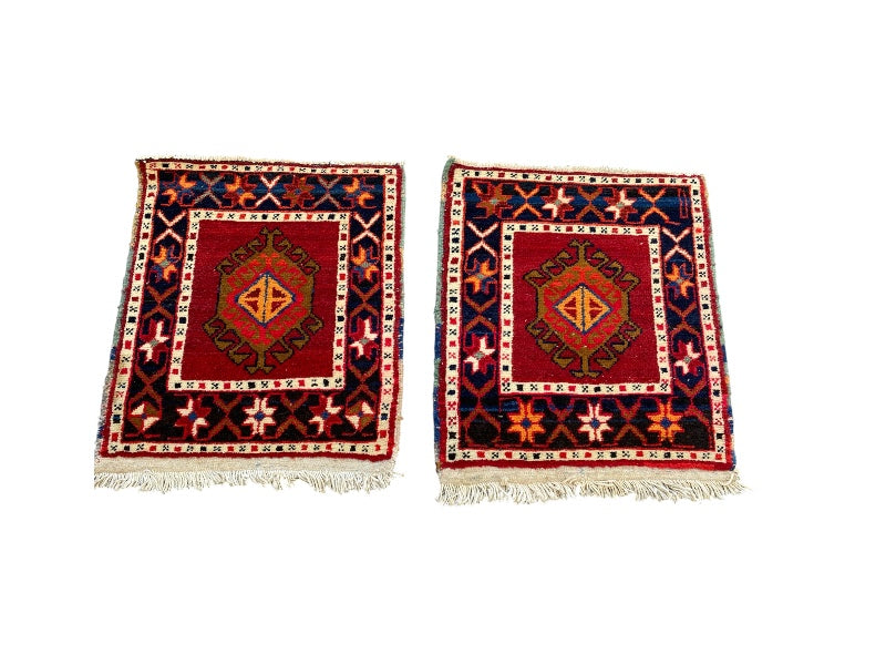 Lot de 2 Tapis Orientaux Faits Main – Laine sur Coton – 54x50 cm – Tapis Vintage Bohème