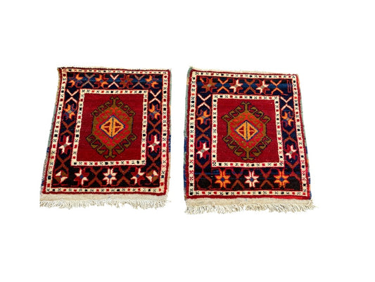 Lot de 2 Tapis Orientaux Faits Main – Laine sur Coton – 54x50 cm – Tapis Vintage Bohème